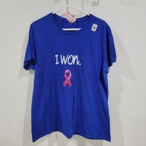 NWOT Blue "I Won" Short Sleeve Pink Ribbon Tee / Size XL / Pink Bracelet